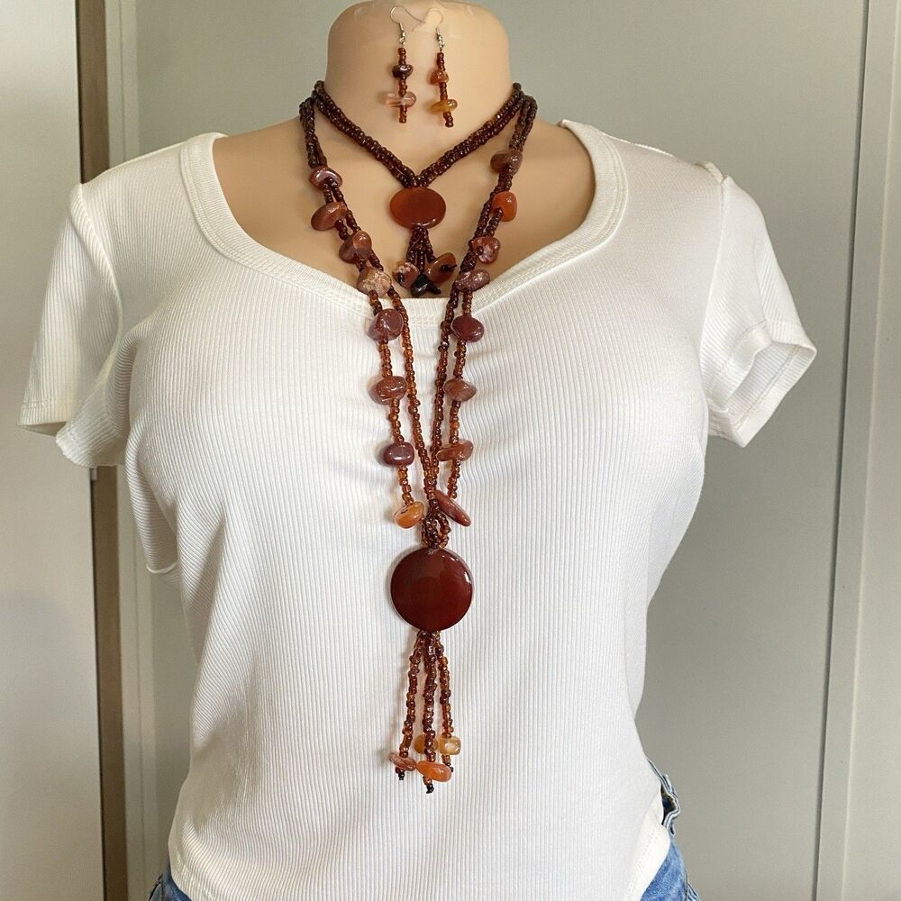 bead double necklace with double round charm redish brown matching earrings boho